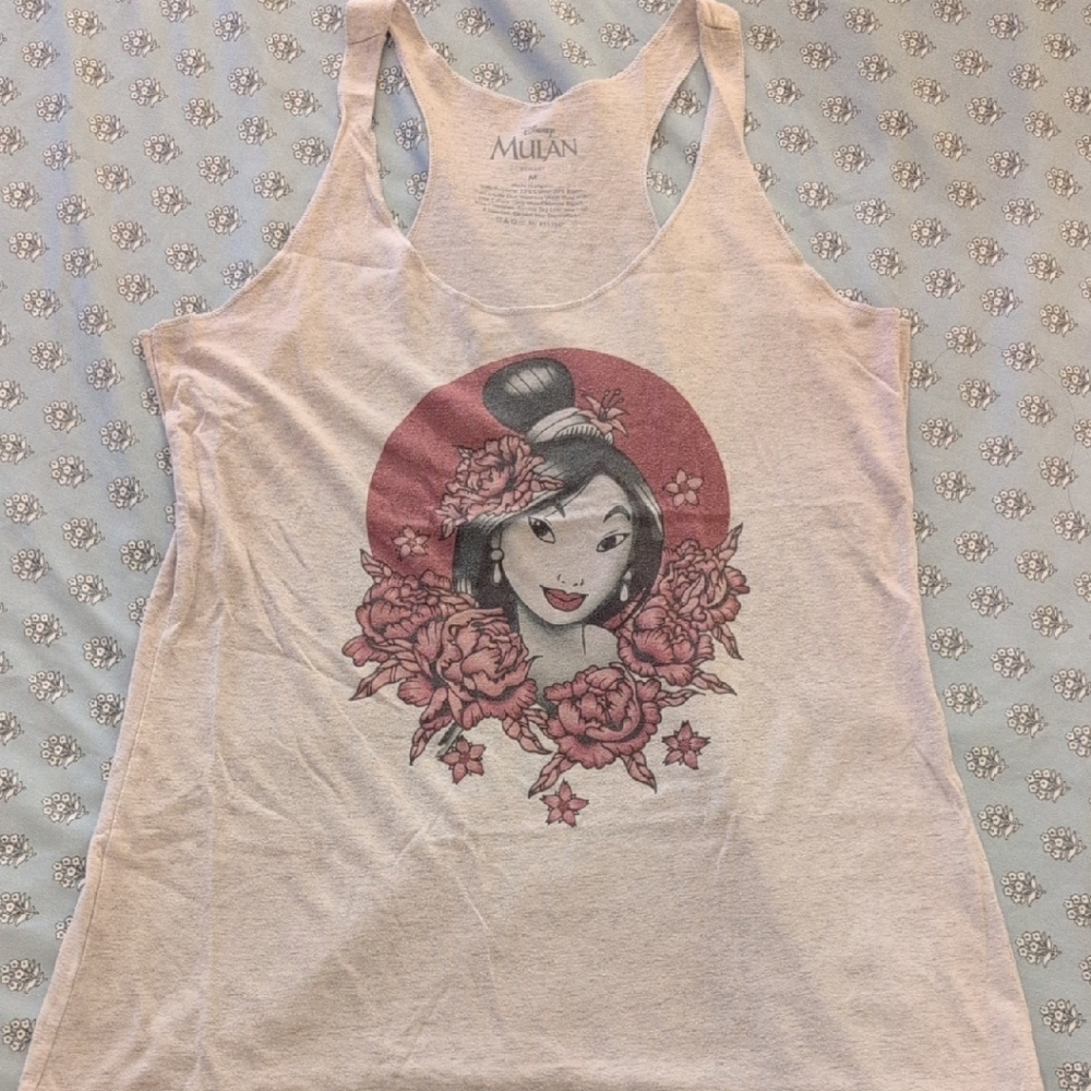 Disney Mulan Floral Graphic Tank Top - Cream, Gray, and Red